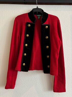 LAUREN Ralph Lauren Red Double Breasted Jacket with Black Velvet Trim Large